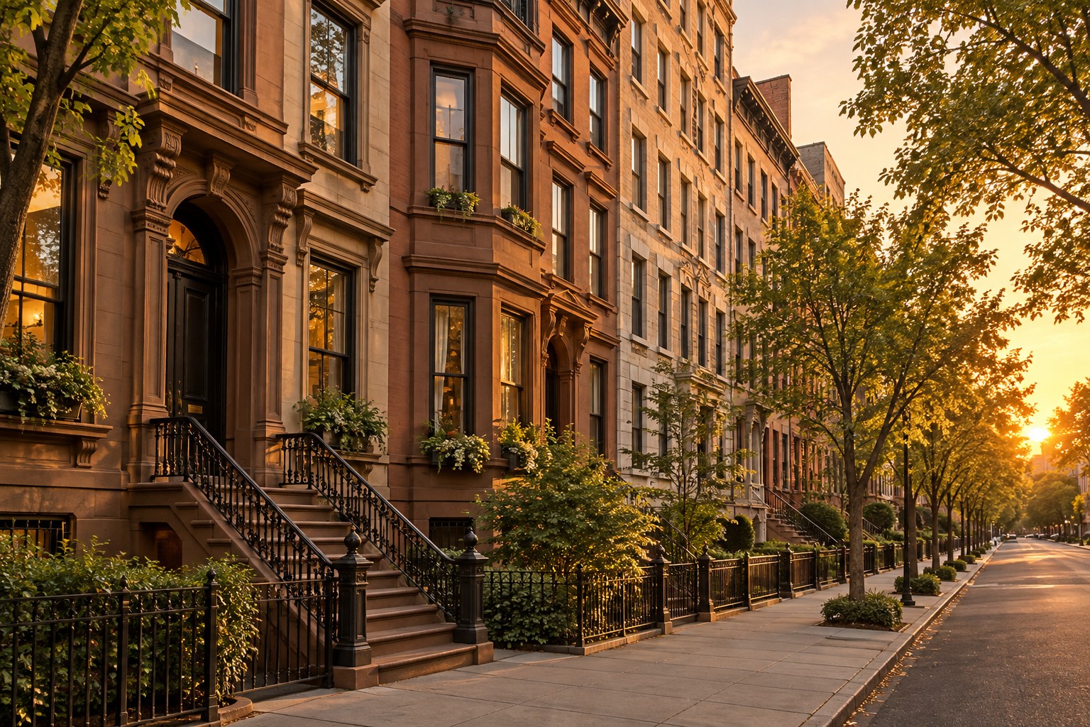 A Manhattan street of prewar buildings at golden hour, illustrative