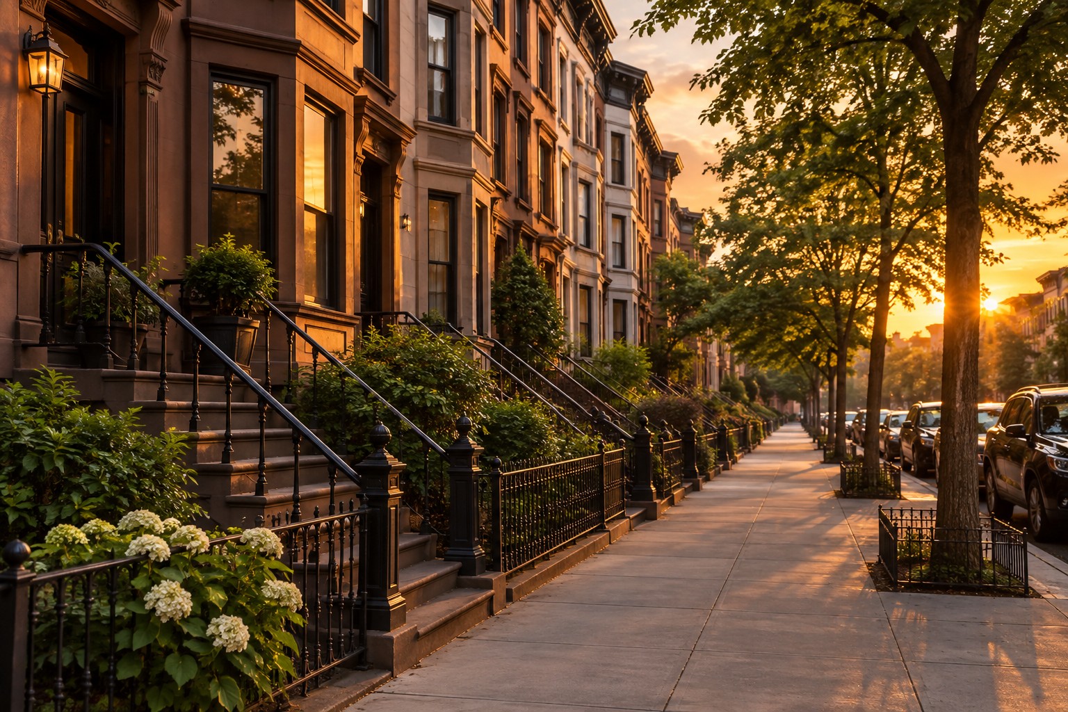 A Brooklyn street at sunset, illustrative