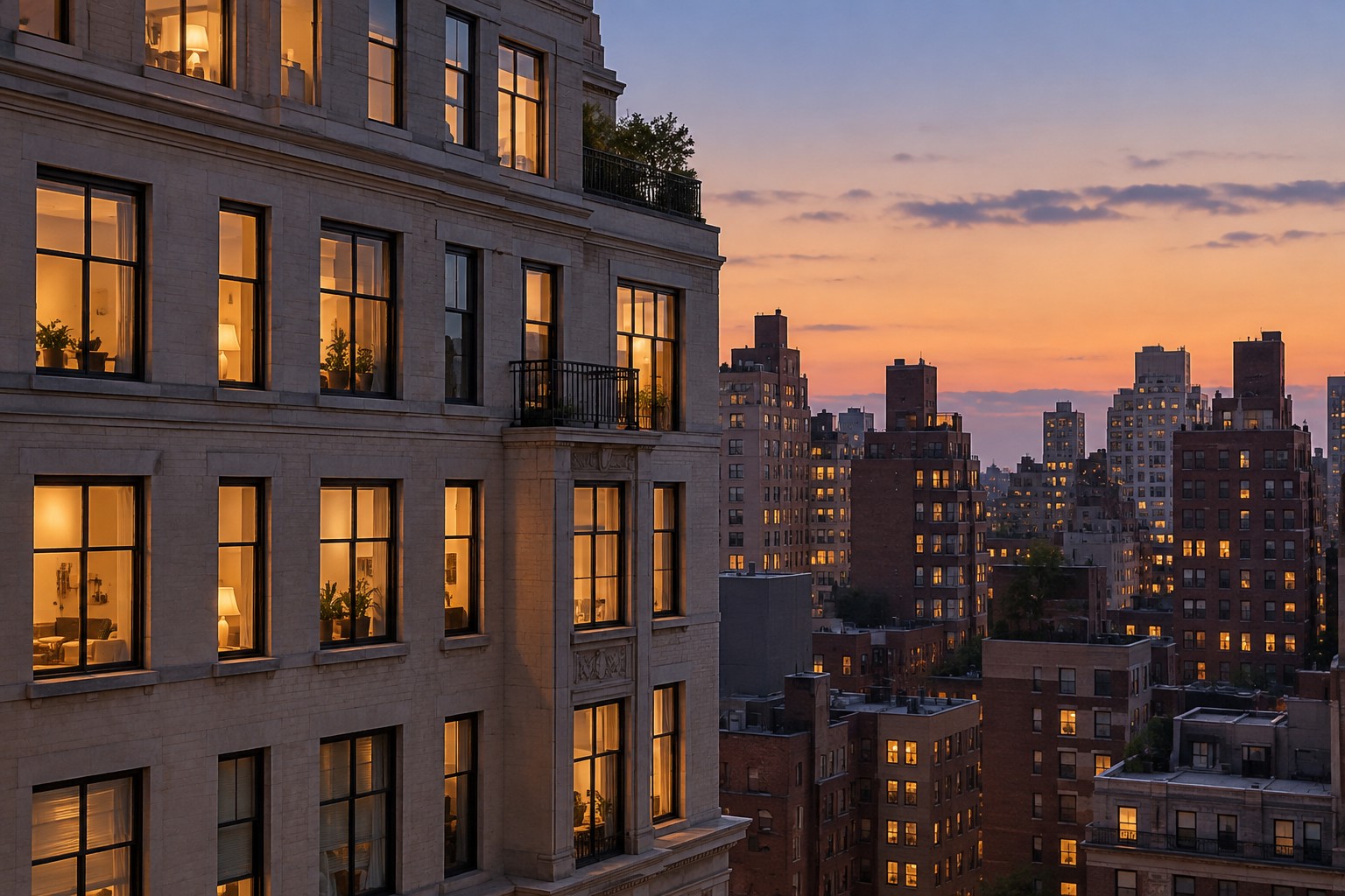 A Manhattan building exterior at dusk, illustrative