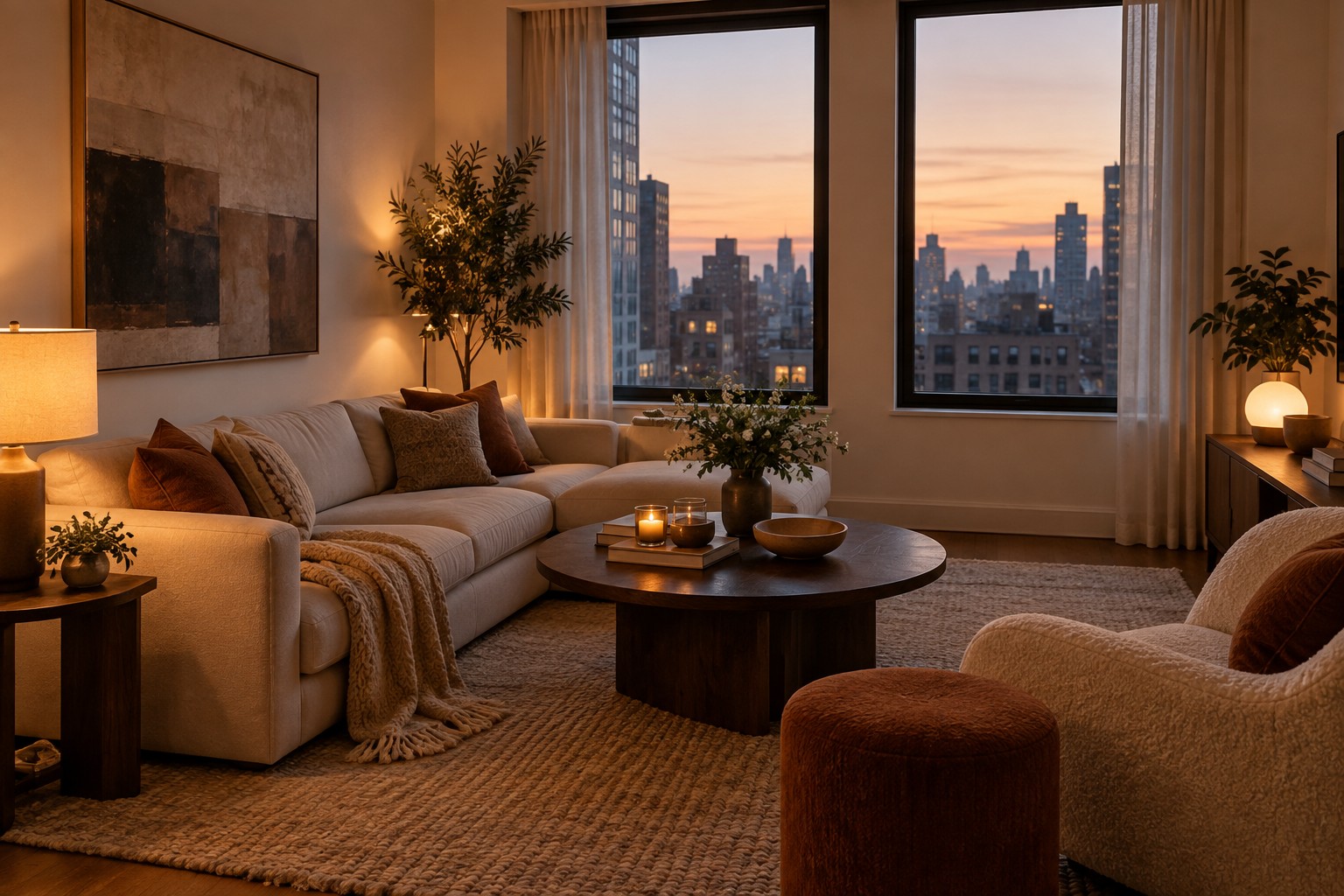 A cozy Manhattan living room, illustrative