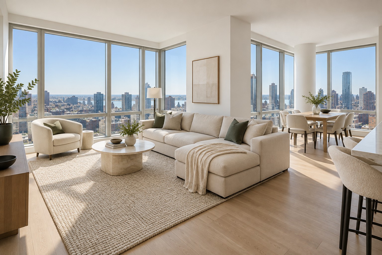 A bright Manhattan apartment interior, illustrative